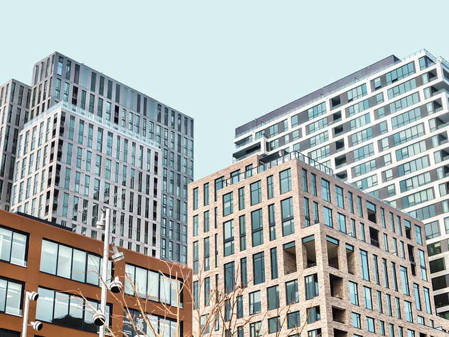 a group of buildings with windows