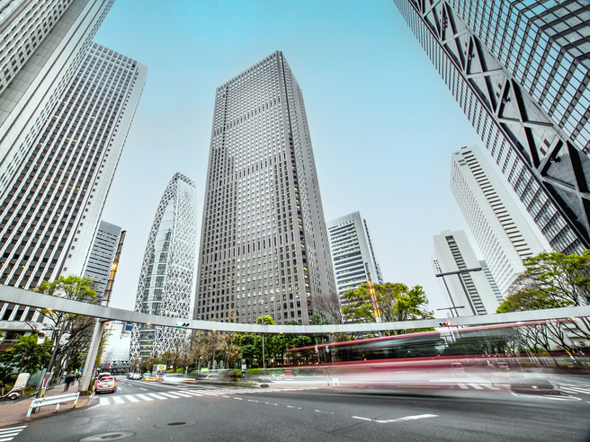 a street with tall buildings