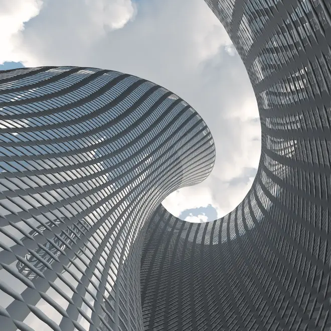 a curved building with many windows
