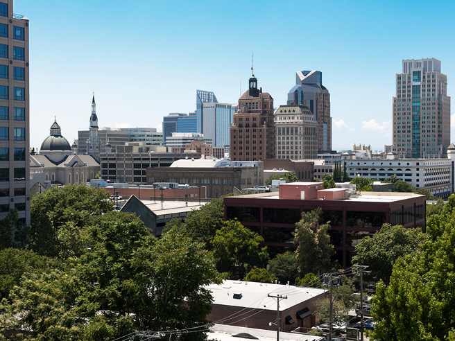 a city with trees and buildings