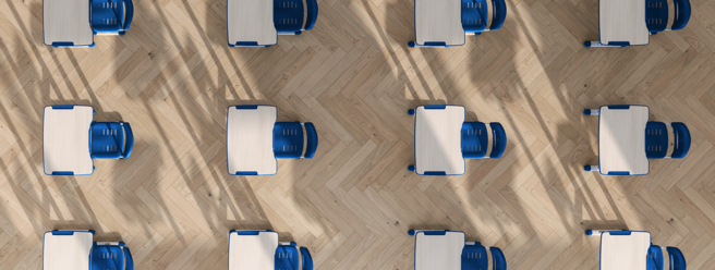 a group of tables and chairs